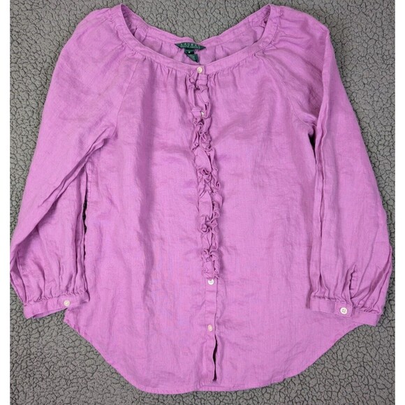 Lauren Ralph Lauren LRL Top Blouse Women Purple Ruffle Button Up Linen Career M - Picture 1 of 10